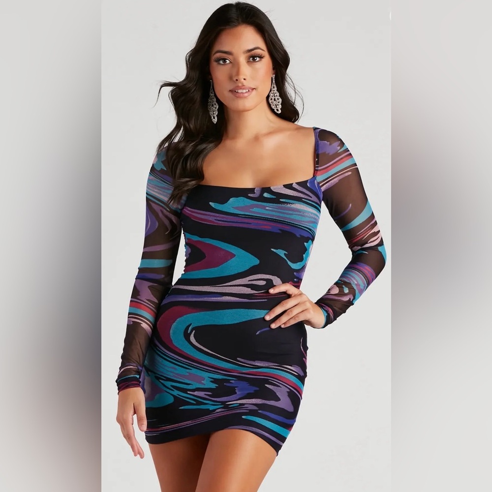 Windsor Marble Mesh Long Sleeve Dress
